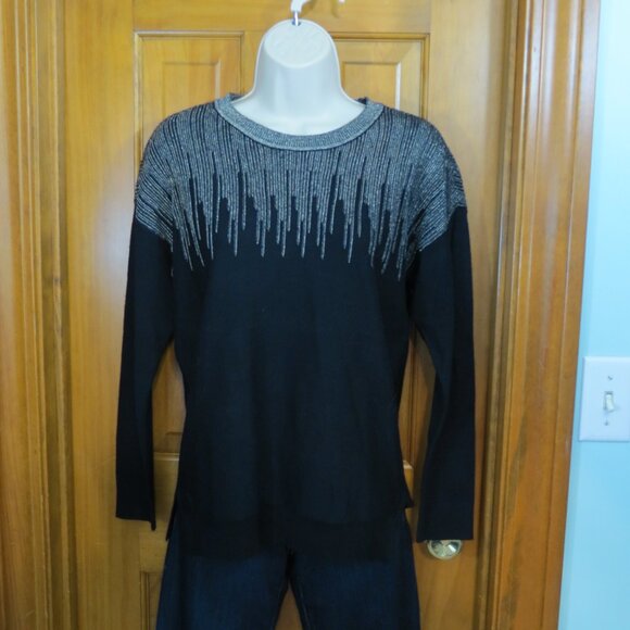 Alfani Black Sweater ¾ Sleeve Gold & Silver Accents Soft Size Petite Small - Picture 6 of 9